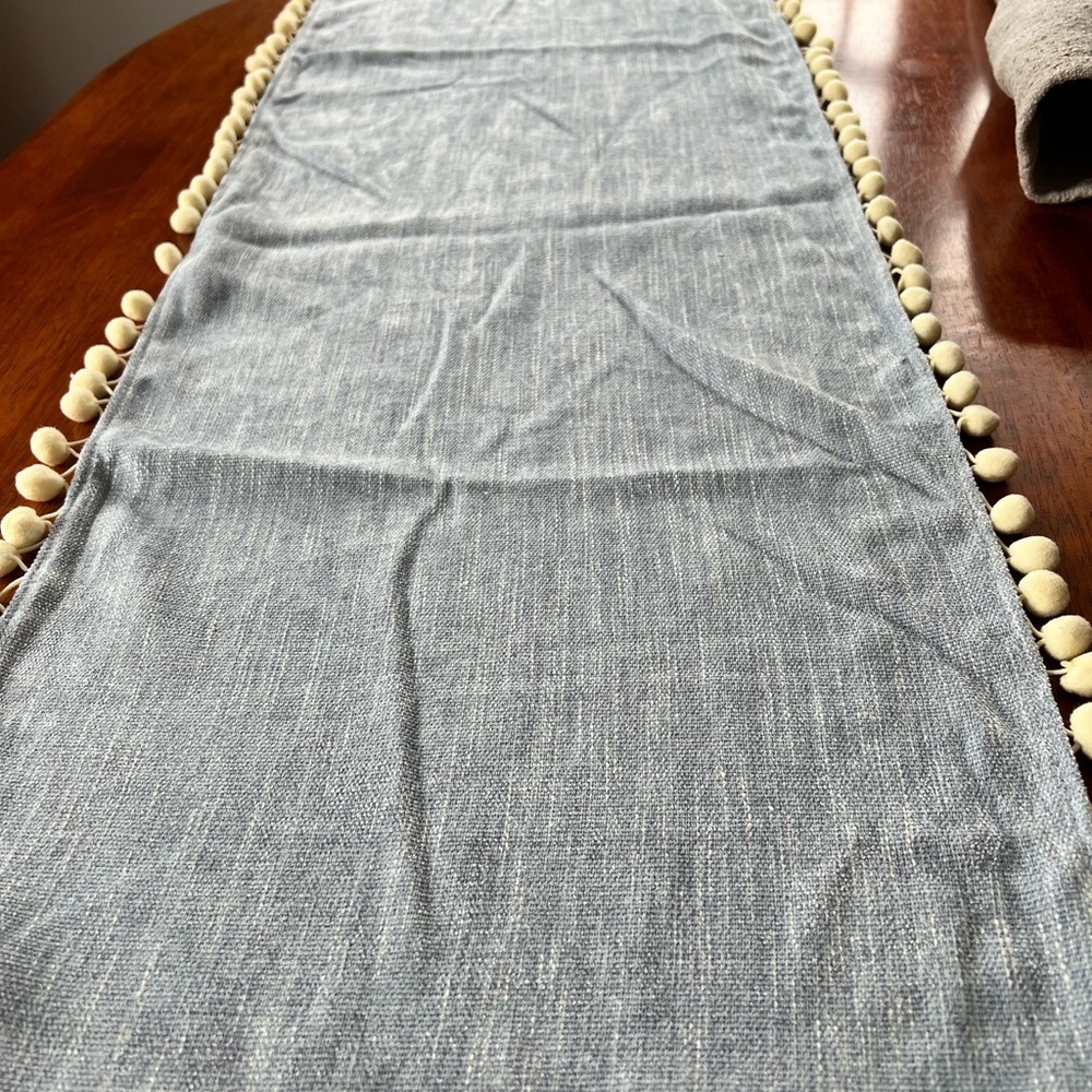 Light Blue Table Runner with Pom Pom Trim​